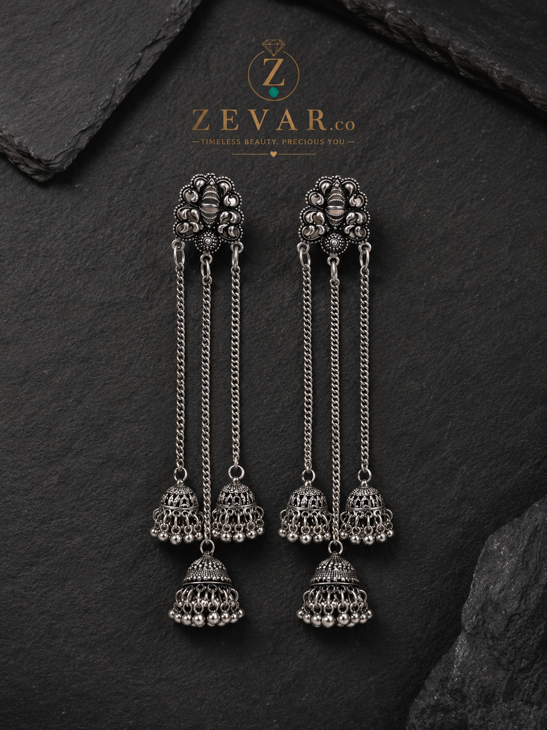 Royal Oxidized Triple Jhumka Chain Earrings | Zevar Co