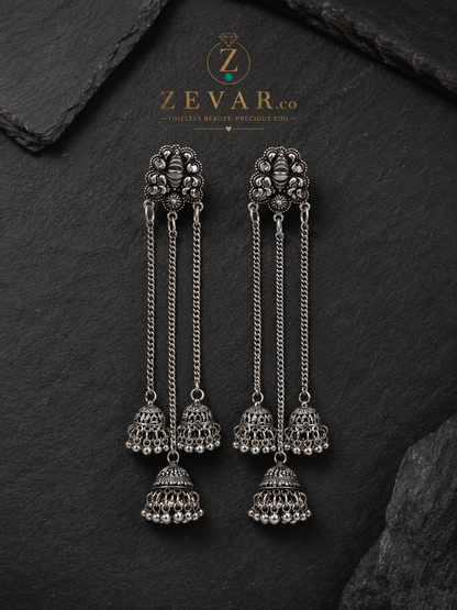Royal Oxidized Triple Jhumka Chain Earrings | Zevar Co