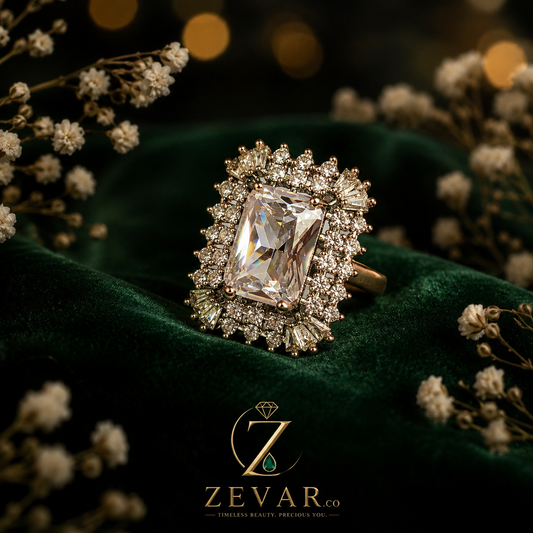 Radiant Cut Crystal Double Halo Statement Ring - Diamond Tone | Zevar Co.