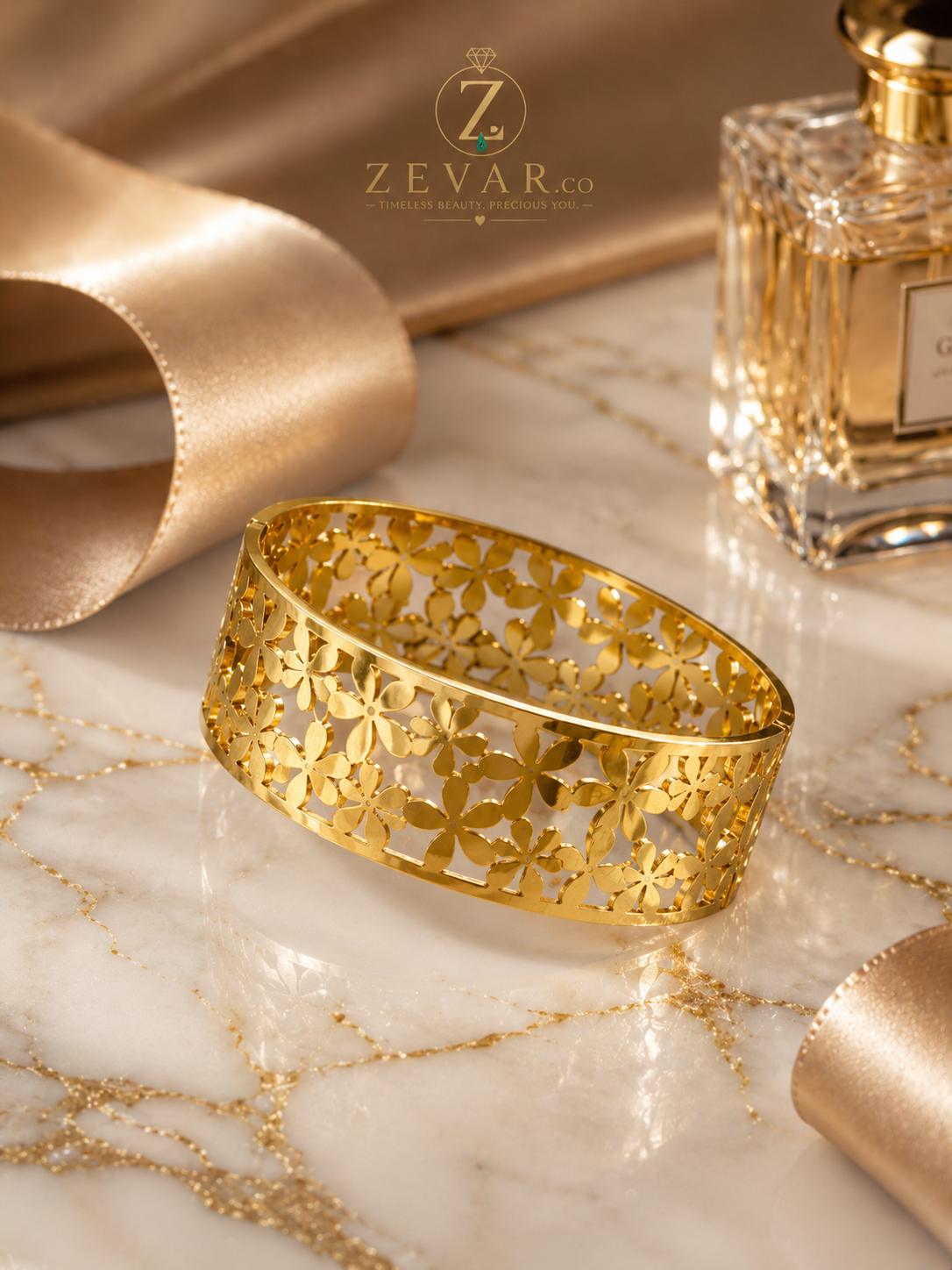 Floral Cutwork Cuff Bracelet - Gold Tone | Zevar Co.