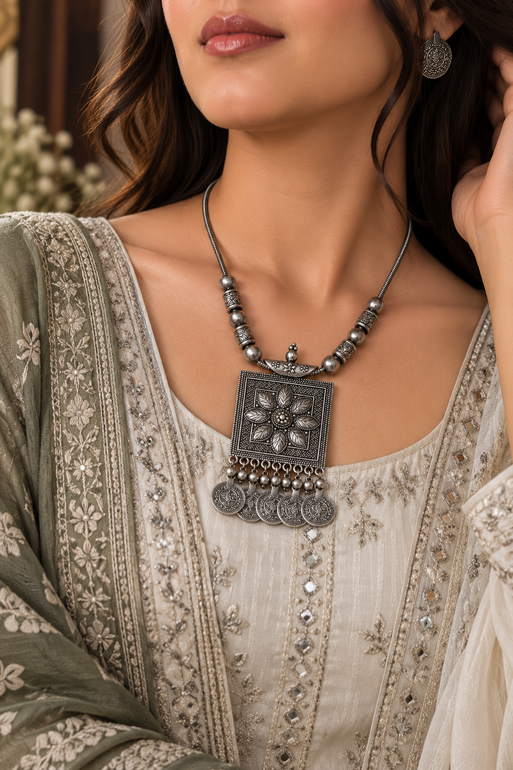 Antique Silver Floral Pendant Necklace