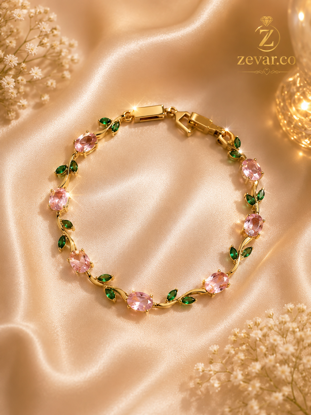 Pink Tulip Crystal Bracelet | Gold Tone | Zevar Co.