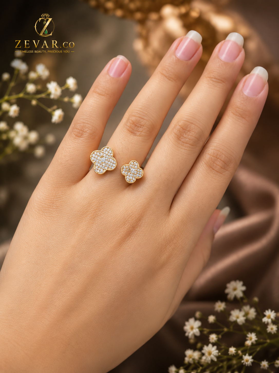 Crystal Clover Open Ring - Gold Tone | Zevar Co.