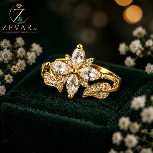 Marquise Crystal Flower Ring - One-Carat Look with Leaf Detail | Zevar Co.