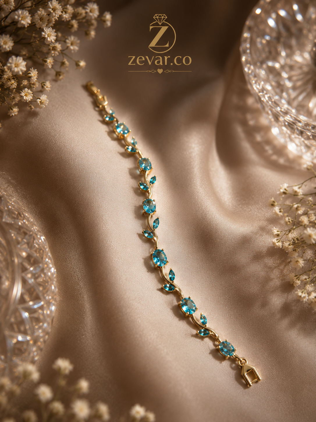Blue Tulip Crystal Bracelet - Gold Tone | Zevar Co.