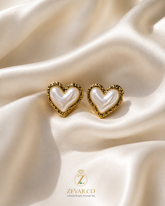 Pearl Heart Stud Earrings | Stainless Steel | Zevar Co.
