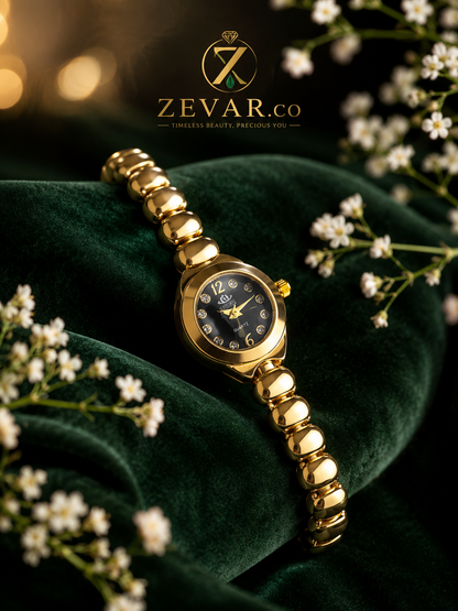 Gold Bead Bracelet Watch - Black Dial with Crystal Accents | Zevar Co.