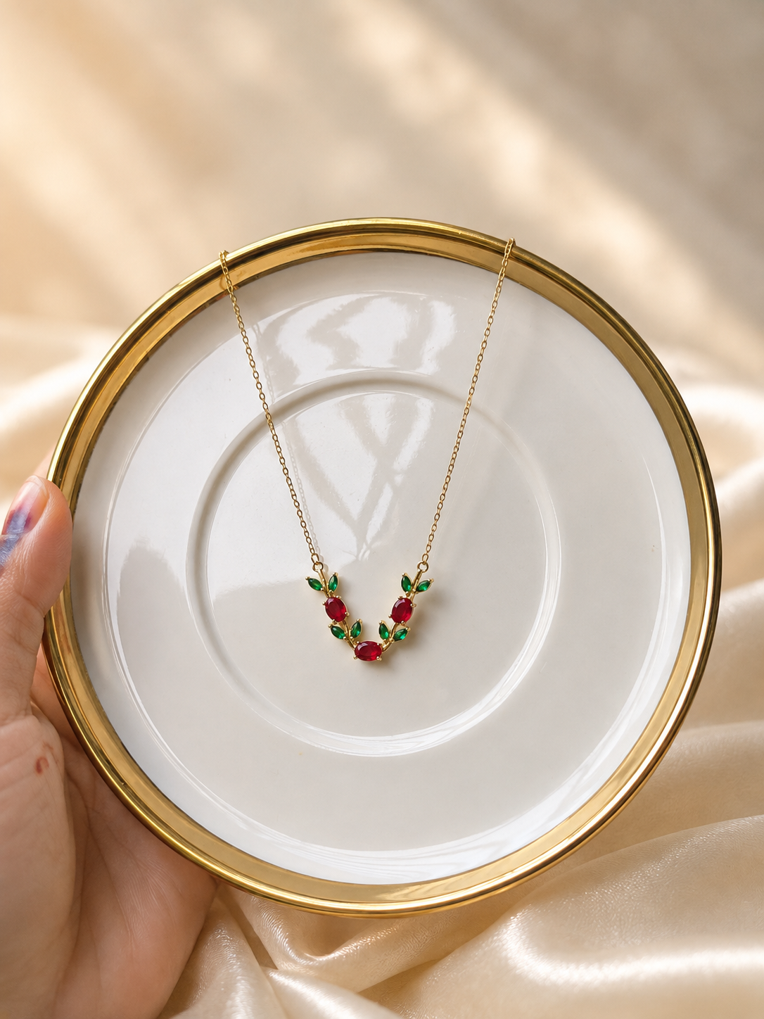 Tulip Necklace - Ruby Red & Emerald Green