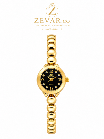 Gold Bead Bracelet Watch - Black Dial with Crystal Accents | Zevar Co.