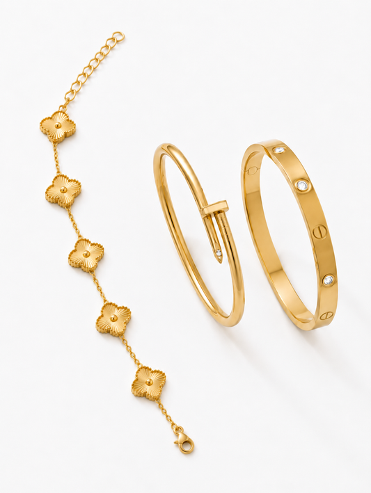 Golden Bloom Luxury Bracelet Stack|3 piece Set