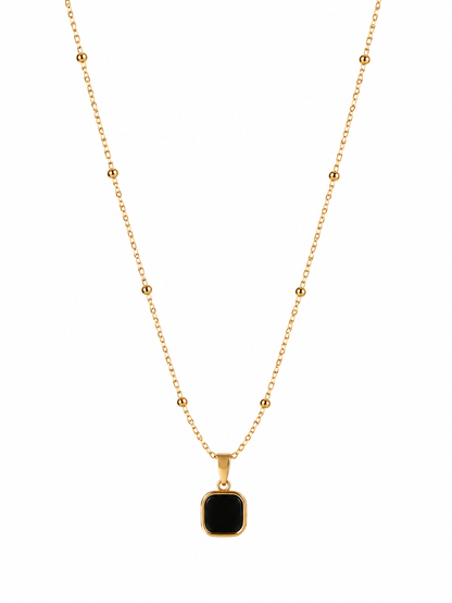 Black Square Pendant Necklace -Gold Tone