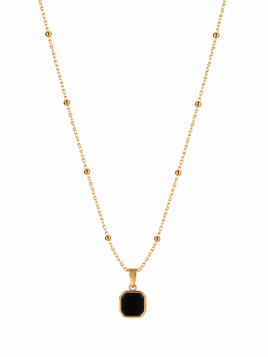 Black Square Pendant Necklace -Gold Tone