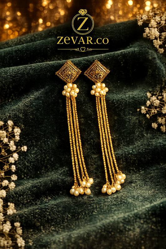 Pearl Tassel Traditional Earrings - Gold Tone | Zevar Co.