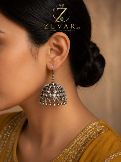Vintage Oxidized Dome Jhumka Earrings | Zevar Co.