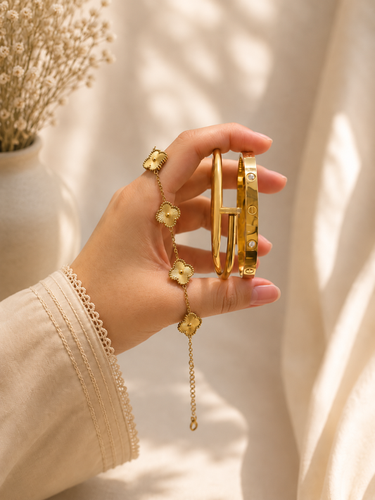 Golden Bloom Luxury Bracelet Stack|3 piece Set