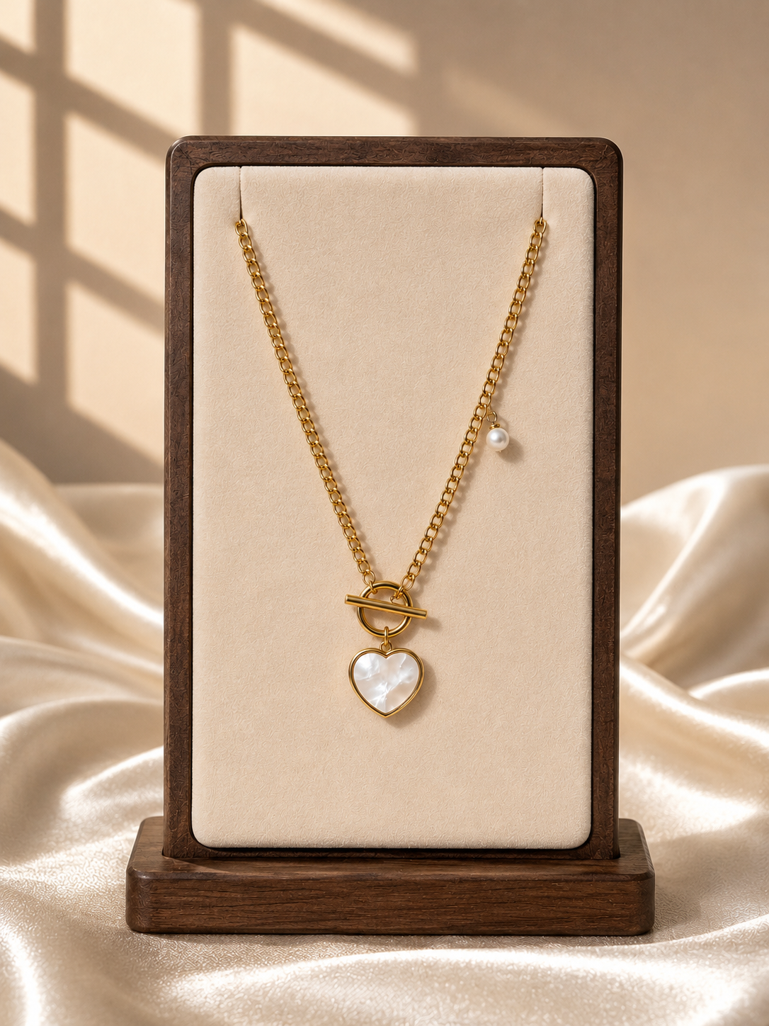 Pearl Heart Toggle Necklace - Gold Tone