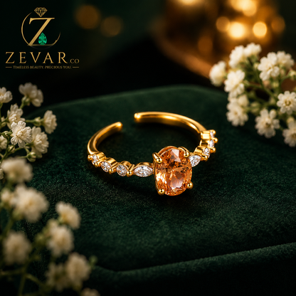Oval Amber Crystal Open Band Ring - Gold Tone with Marquise Accents | Zevar Co.