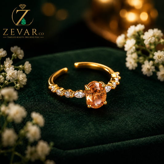 Oval Amber Crystal Open Band Ring - Gold Tone with Marquise Accents | Zevar Co.