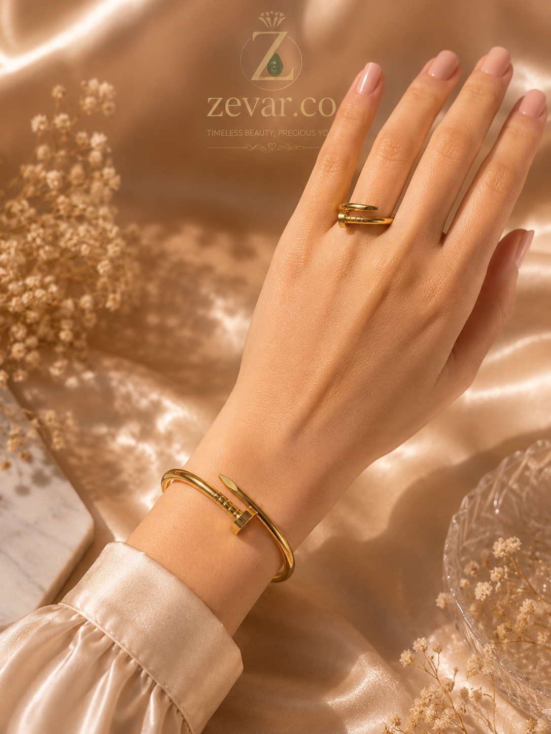 Gold Nail Bracelet & Ring Set | Zevar Co.
