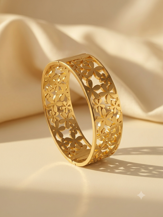Luxury Floral Cutout Cuff Bracelet – Gold Tone