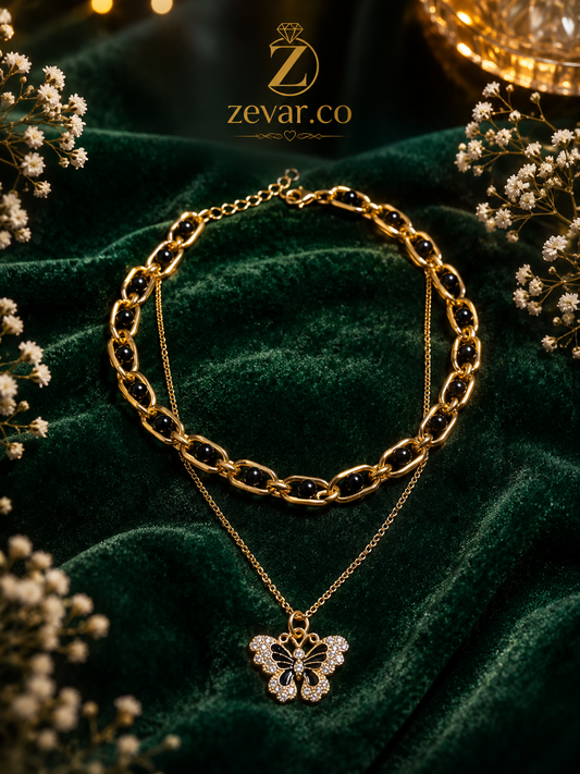 Black Butterfly Layered Necklace + Gold Tone | Zevar Co.