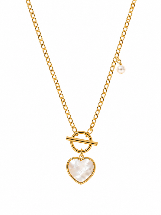 Pearl Heart Toggle Necklace - Gold Tone