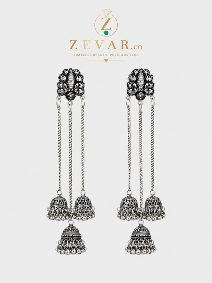 Royal Oxidized Triple Jhumka Chain Earrings | Zevar Co