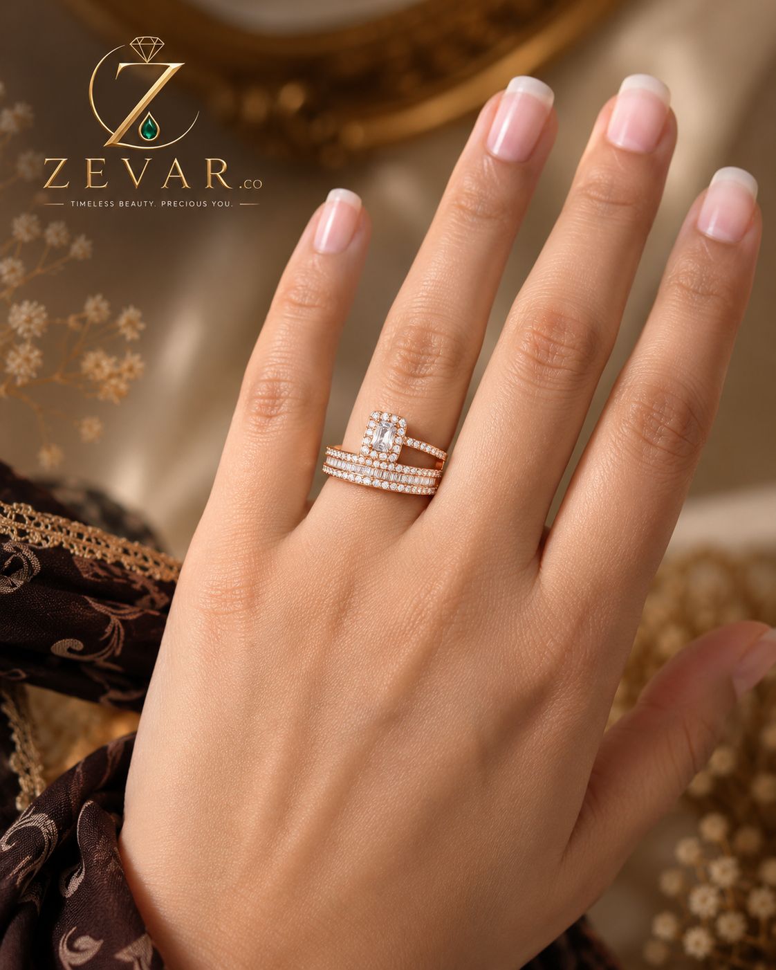 Radiant Halo Crystal Ring Set + Gold | Zevar Co.